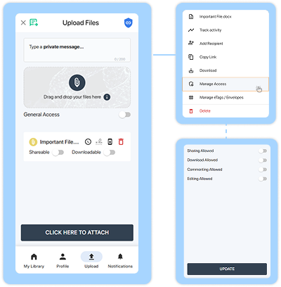 Control who can download, share, edit, comment, and view your attachments and files image
